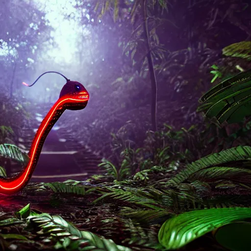 Image similar to robot snake in the middle of the jungle spying enemy country, red glowing eyes, dense jungle, middle of night, hd, uhd, 8 k, octane render