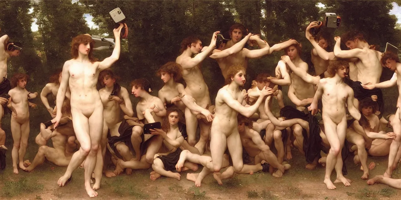 Prompt: a large group of pre - raphaelite athletic males wearing headset holding macbook! by bouguereau