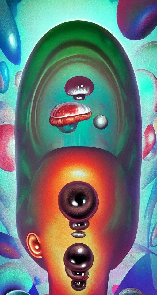 Prompt: art deco close up portait of mushroom head with big mouth surrounded by spheres, rain like a dream digital painting curvalinear fluid lines cinematic dramatic otherworldly vaporwave interesting details epic composition by artgerm basquiat