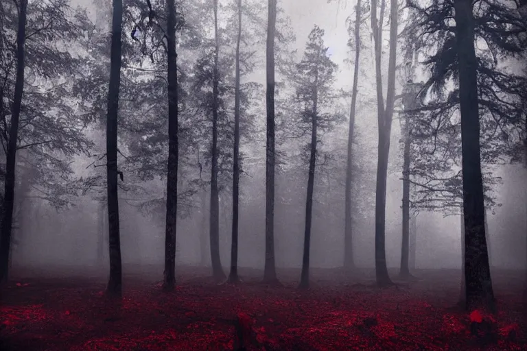 Prompt: deep dark moody forest, red fog on the ground, bleak. big stones, dark mood. mysterious. doom. realistic painting. photobashing, matte painting, highly detailed,