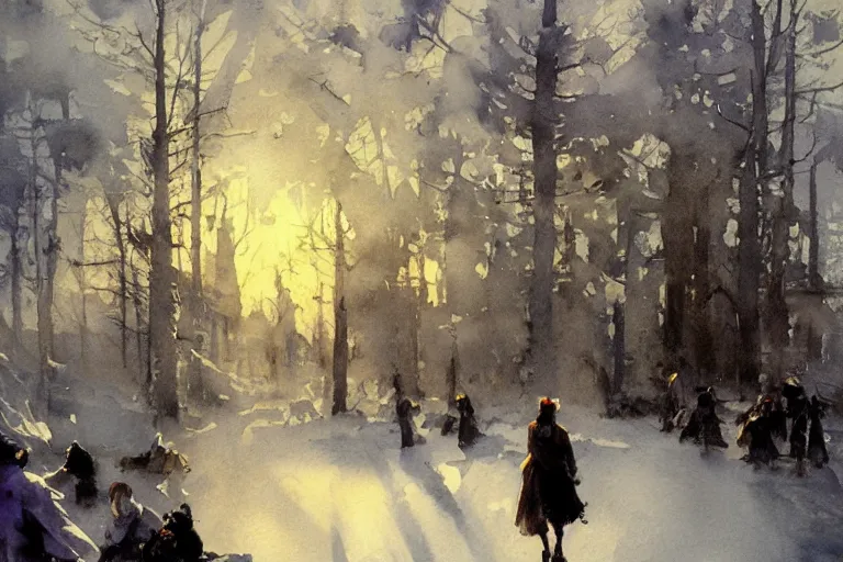 Image similar to abstract watercolor painting of magic diamond crystal winter, cinematic light, national romanticism by anders zorn, by greg rutkowski, by greg manchess