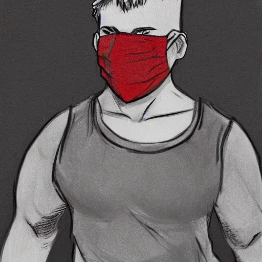 Prompt: sketch of a short stocky buff guy in a plain black t - shirt and cargo shorts, wearing a red ski mask over his entire face, black ski goggles, detailed, dramatic lighting, by ethan van sciver, artstation