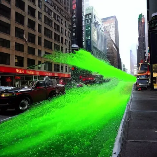 Image similar to photo, a huge amoung of green glowing slime rushes through the streets of new york picking up cars and people