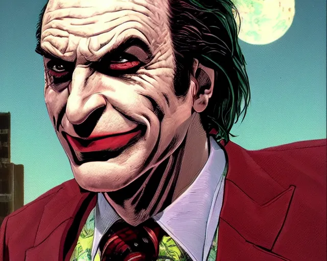 Image similar to portrait of saul goodman as the joker, gta loading screen, art by makoto shinkai and peter elson, bernie wrightson