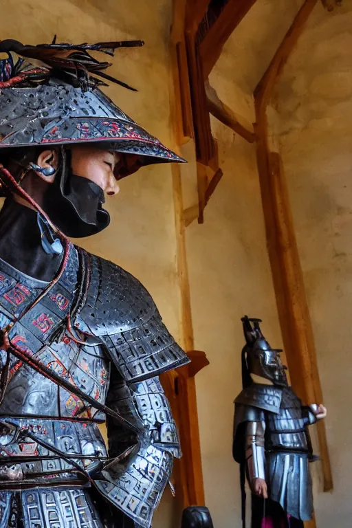 Image similar to samurai warrior in a a monastery dedicated to worshiping artificial intelligence