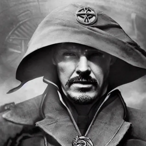 Image similar to Doctor Strange as an American soldier on D Day, epic, WWII, 1940s photo, cinematic, highly detailed, gritty, combat, sharp focus, closeup