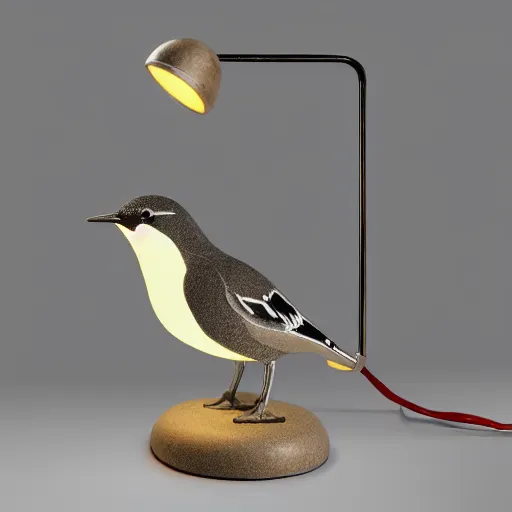 Prompt: Art Deco table lamp in shape of a wagtail, studio lighting, 8k