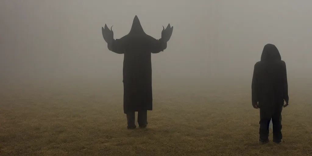 Image similar to a man with a raven head standing in the mist, fog, scary