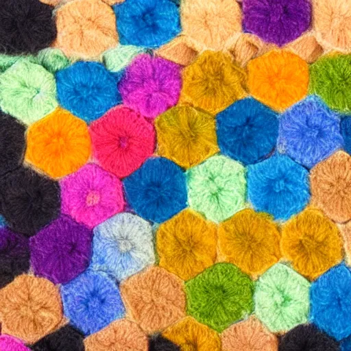 Image similar to hexagon pattern made of multicolour wool, photography, 4k, detailed, high saturation