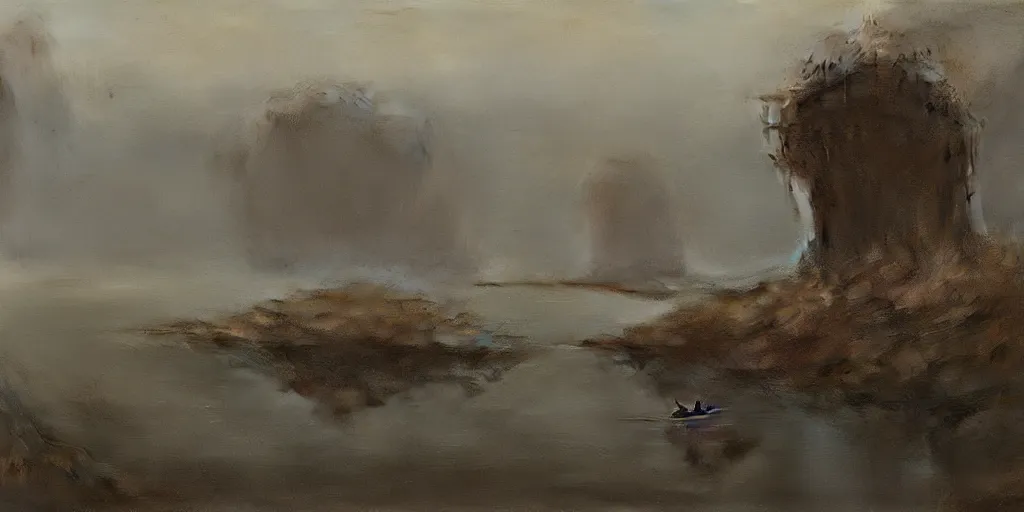 Image similar to river, gloomy, beksinski, artstation, greg rutkowski, denis sarazhin, james gurney