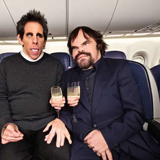 Image similar to ben stiller and jack black on an airplane, drinking champagne, crying