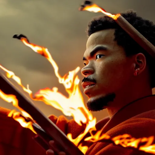 Image similar to cinematic film still of Chance The Rapper starring as a Samurai holding fire, Japanese CGI, VFX, 2022, 40mm lens, shallow depth of field, film photography