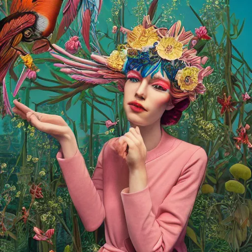 Image similar to pretty model with botanical and birds : : by martine johanna and simon stalenhag and chie yoshii and casey weldon and wlop : : ornate, dynamic, particulate, rich colors, intricate, elegant, highly detailed, vogue, harper's bazaar art, fashion magazine, smooth, sharp focus, 8 k, octane render