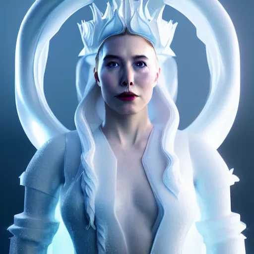 Prompt: elon musk ice queen, white dress, intricate face details, insanely detailed, octane render, volumetric lightening, featured on cgsociety, disney style, full body displayed