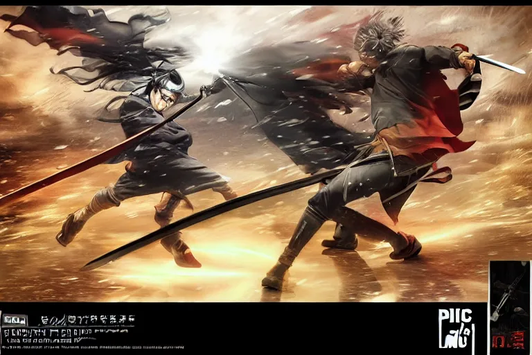 Image similar to epic and cinematographic samurai duel, by Katsuhiro Otomo, Yoshitaka Amano, Nico Tanigawa, and Artgerm with advanced digital renderers with 3D effect shadowing