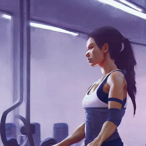 Prompt: beautiful woman working out in a gym, art by greg rutkowski, artgerm, artstation, highly detailed, pretty, gorgeous, cute, warm lighting