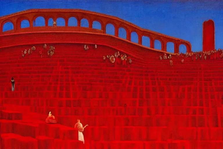 Image similar to only with red, a red great emperor, taormina amphitheatre, crowd with big smile, in the style of beksinski, parts by edward hopper, parts by rodcenko, parts by yue minjun, intricate and epic composition, red by caravaggio, insanely quality, highly detailed, masterpiece, red light, artstation, 4 k