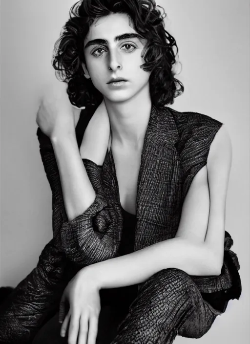 Prompt: portrait of beautiful female timothee chalamet by mario testino, headshot, detailed, award winning, sony a 7 r