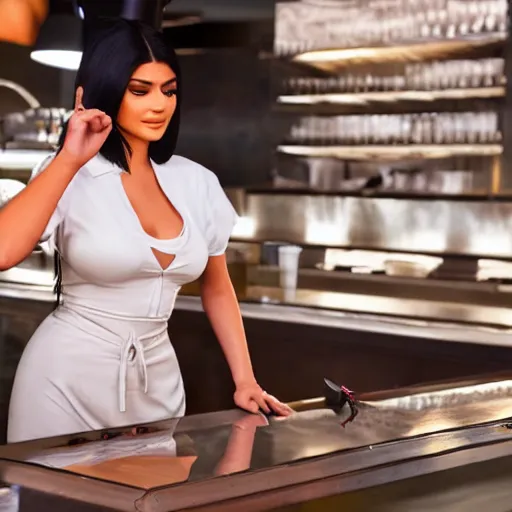 Image similar to kylie jenner working as a server in a poor restaurant, ultra detailed, dynamic light, photorealistic