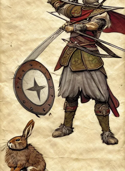 Prompt: a heroic rabbit archer with sword and shield on a parchment background, redwall, greg rutowski and jean baptiste monge, detailed, epic fantasy concept art