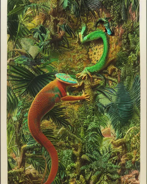 Prompt: a gecko wearing sunglasses in a primordial jungle by ernst haeckel, colorful, highly detailed matte painting, 8k