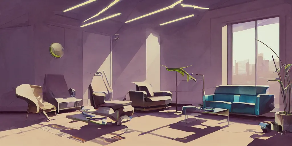 Image similar to a beautiful illustration of futuristic interior studio, lots of furniture, sofa, waiting room, big medium small, sacred geometry, golden ratio, in watercolor gouache detailed paintings, in style of syd mead, trending on artstation, 8 k, panel, hard surface, wallpaper, zaha hadid, scattered props, plant, cozy, decoration, simon stalenhag, deus ex