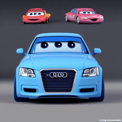 Image similar to very cute, disney pixar Cars character concept artwork, Denim Blue Audi A4 B6, 3d concept, high detail iconic character for upcoming film, 8k octane render, unreal engine