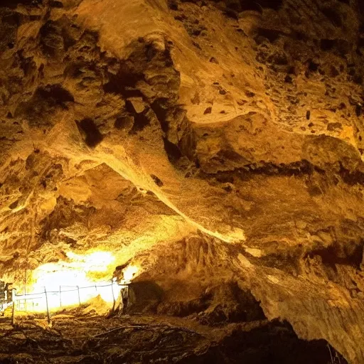 Prompt: a large, massive cave with no one inside lit up by construction equipment. dream like, surreal.