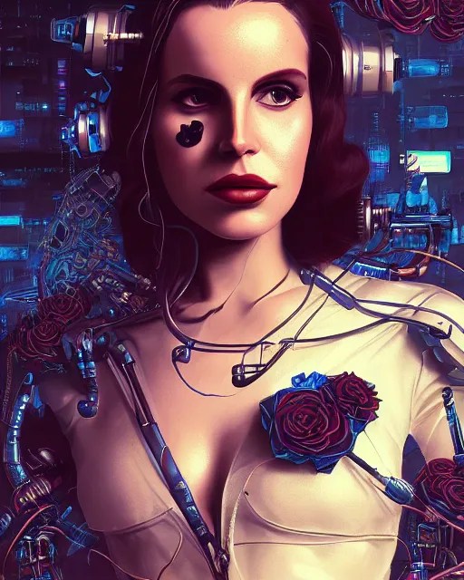 Image similar to portrait of lana del rey as a cyberpunk cyborg. roses, sci - fi, intricate abstract, upper body, intricate artwork, by tooth wu, wlop, beeple, dan mumford. concept art, 8 k octane render, deviantart, greg rutkowski, cinematic, key art, hyperrealism, iridescent accents