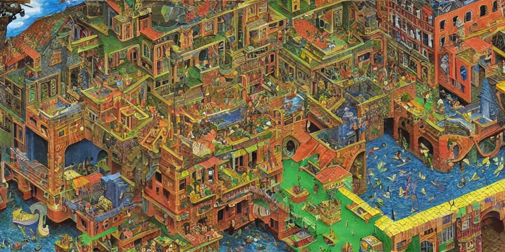 Image similar to virtual art museum in a 9 0's video game in the style of mc escher and heironymus bosch, colorful intricate masterpiece, hyper detailed, hd, sharp focus