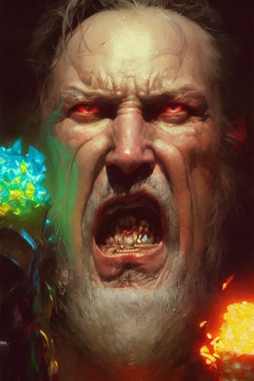 Prompt: an evil old wizard eating rainbow colored penguins, extreme close up insane face portrait dnd, painting by gaston bussiere, craig mullins, greg rutkowski, yoji shinkawa