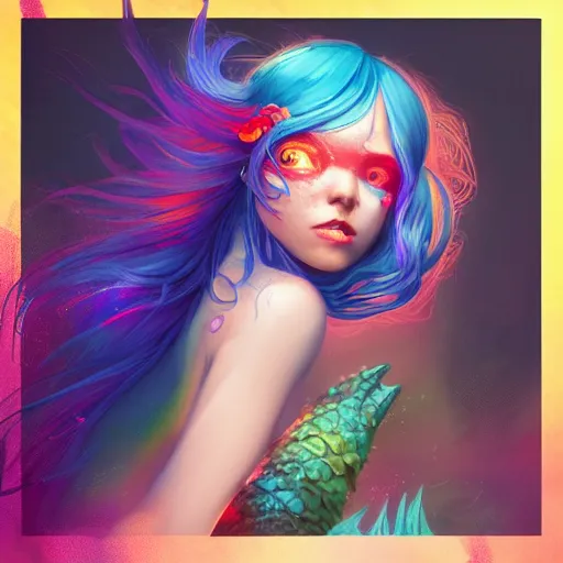 Image similar to a beautiful stunning interesting detailed fantasy whimsical matte digital illustration of a mermaid with blue-green hair, yellow-orange and red-violet spectacular sunset, in the style of Ross Tran and Marc Simonetti, magic the gathering, trending on artstation hq, contest winner