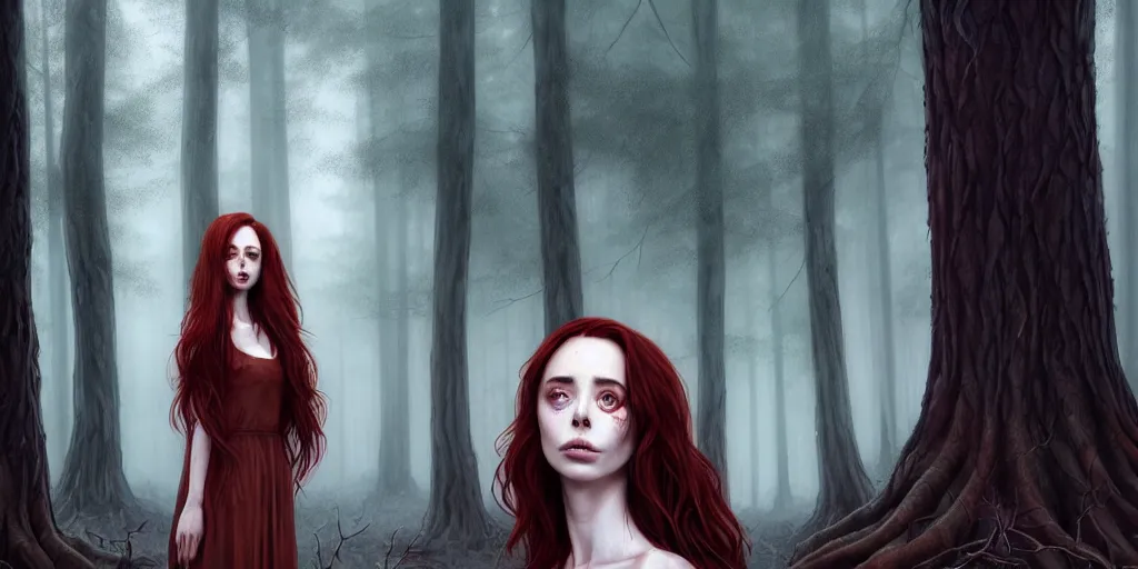 Prompt: surrounded by trees, realistic character concept, gorgeous Kacey Rohl, red hair, small freckles, symmetrical face, symmetrical eyes, full body, covered in blood, dark forest, tall Wendigo creature in background, trees, shorter neck, cinematic lighting, Joshua Middleton and artgerm, fear anxiety terror