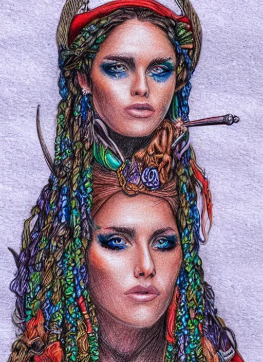 Image similar to full body detailed colored pencil drawing of a beautiful pirate female with a beautiful face wearing intricate clothing