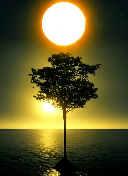 Prompt: a tree from which eyes hang instead of fruits, the tree is on top of a calm sea, in the background there is an eclipse that coincides with the tree. fantasy art, horror, nightmare, photo realistic, dynamic lighting, artstation, poster, volumetric lighting, very detailed faces, 4 k, award winning