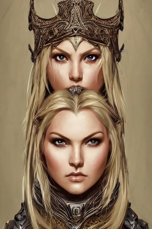 Prompt: head-on symmetrical centered painted portrait, Elisha Cuthbert as a paladin, blonde hair, ornate heavy plate armour, medieval robes, fantasy, intricate, elegant, highly detailed, smooth, sharp focus, illustration, artstation, in the style of Ross Tran and by Jesper Ejsing and by Mikalojus Konstantinas Ciurlionis