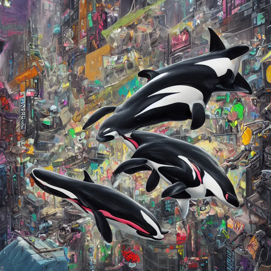 Image similar to an anatomical oil painting of an Orca covered in graffiti, flying through a cyberpunk city from a medical journal by Nychos and Ross Tran, highly detailed, high detail, 8k,