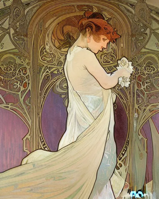 Prompt: painting alphonse mucha, the interior of the opera house, in the hollow of the hall a singer in a white dress on a lighted stage, palette of pastel colors