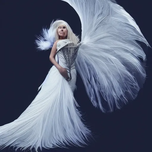 Image similar to lady gaga in a white dress with a plastic bag over her shoulder, a hologram by Alexander McQueen, featured on polycount, gothic art, made of feathers, ethereal, angelic photograph