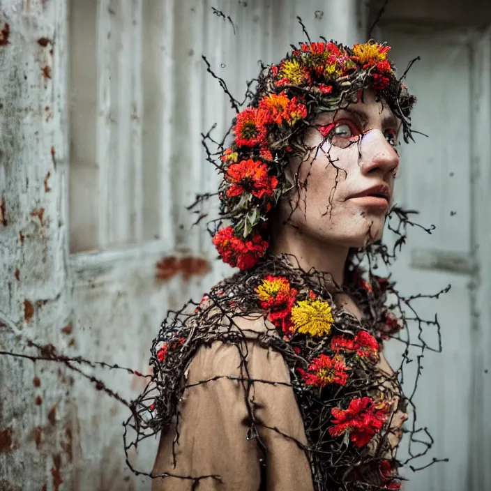 Prompt: a woman wearing a hooded cloak made of zinnias and barbed wire, in a derelict house, by Erik Almas, natural light, detailed face, CANON Eos C300, ƒ1.8, 35mm, 8K, medium-format print