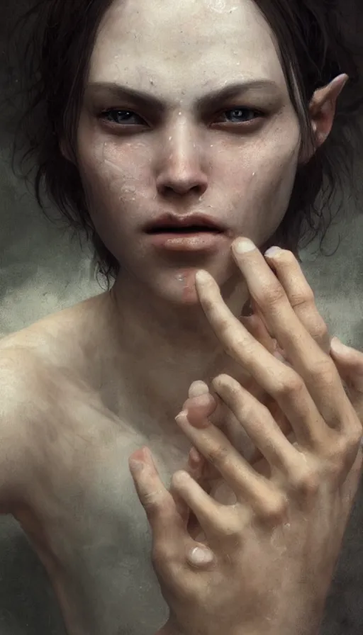Prompt: epic masterpiece sadness, drama, sweaty skin, hyperrealistic, expressive, emotional, moody, back light, keylight, professional photography, octane render, cinematic, beautiful face and flawless skin, perfect hands, 5 fingers, yellow by Edgar Maxence and Ross Tran and Michael Whelan and Lorenzo Sperlonga, Brom, Legends of Runeterra