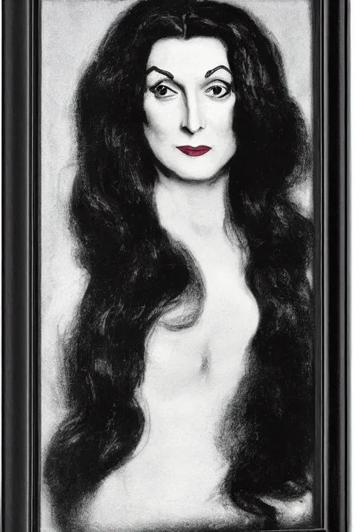 Image similar to upper body portrait deanna troi as morticia addams by alfred stevens