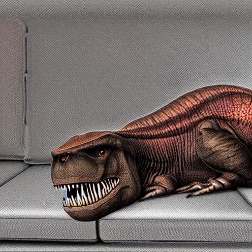 Prompt: photorealistic image of a t - rex laying on a couch and listening to music, shot in a professional studio