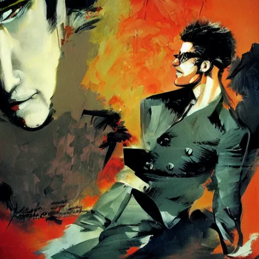 Image similar to corto maltese dreaming about valparaiso and tango, oil on canvas by dave mckean and yoji shinkawa