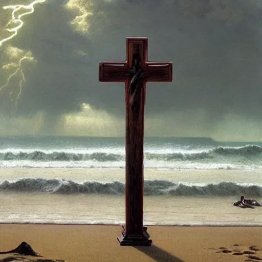 Image similar to a highly detailed portrait of a large cross standing on the beach as a storm comes in with the tide, a beautiful blonde woman sitting in the sand watching the ocean, epic fantasy, god rays, rocky beach, aerial photography, volumetric lighting, octane render, exquisite detail, 8 k, art by norman rockwell and albert bierstadt and alphonse mucha