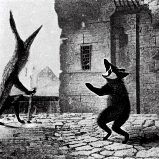 Prompt: anthropomorphic fox man fights in front of a castle while it begins to crumble, 1910s film scene