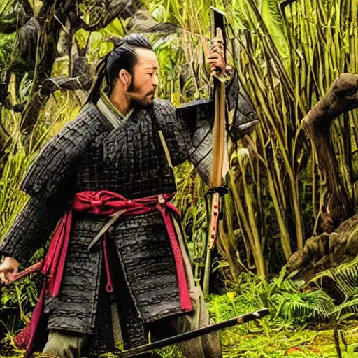 Prompt: samurai 4 7 ronin, in a jungle jeszika le vye heraldo ortega 8 k