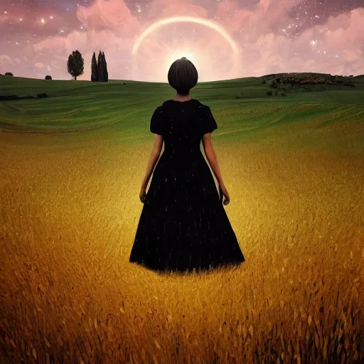 Image similar to giant black daisy flower as a face, girl walking in wheat field, hills, surreal photography, dark night, star trails, dramatic light, impressionist painting, clouds, digital painting, artstation, simon stalenhag