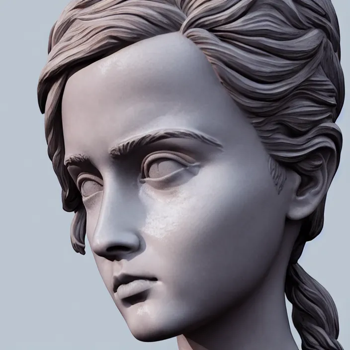 Image similar to stoic statue of emma watson, vaporwave, aesthetic, naturel, symmetrical face, hyper detailed, digital sculpture, trending in artstation, cinematic lighting, studio quality, smooth render, unreal engine 5 rendered, octane rendered