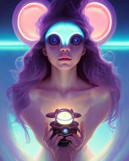 Image similar to one singular portrait of a cute bioluminescent creature with large eyes, highly detailed, digital painting, cinematic, hyper realism, dark retrowave, art by Stanley Lau and Artgerm and magali villeneuve and Alphonse Mucha, artstation, octane render, cgsociety